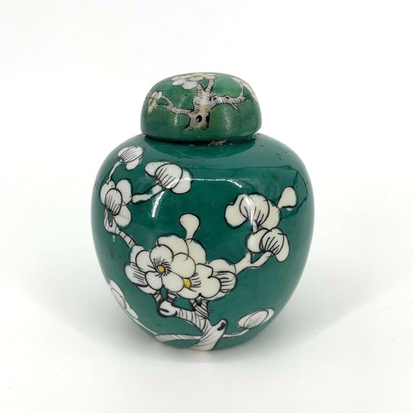 Vintage Green Cherry Blossom Tree Ginger Jar